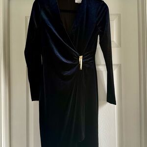 Calvin Klein Navy Velvet Long Sleeve Dress with Gold Detailing Size 4